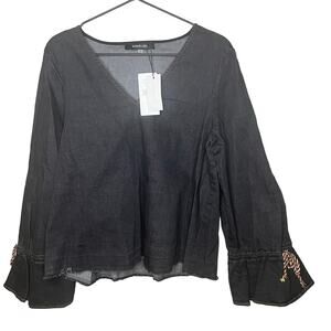 NEW Sugar Lipz Womens Sz M Long Sleeve Stone Wash Denim Top Rainbow Trim